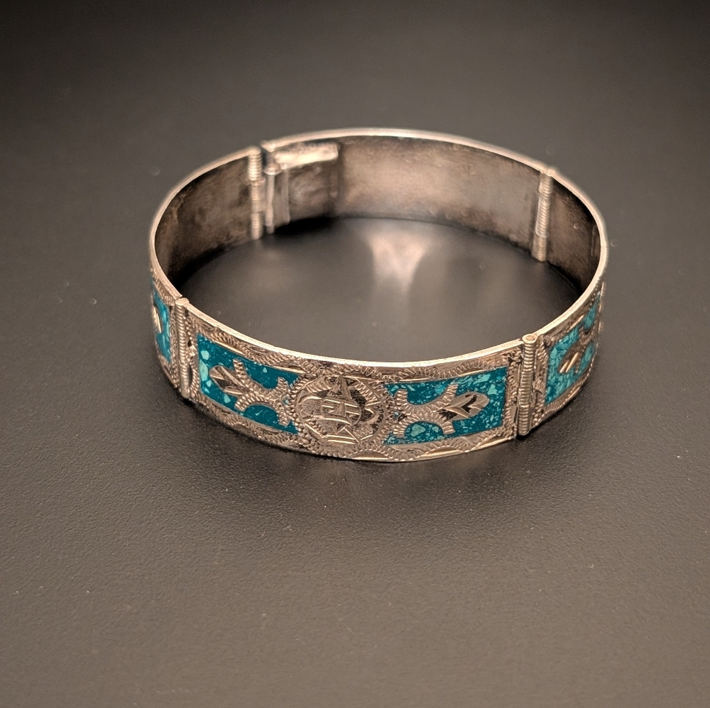 Vintage Mexico 925 Silver And Turquoise Bracelet Handmade